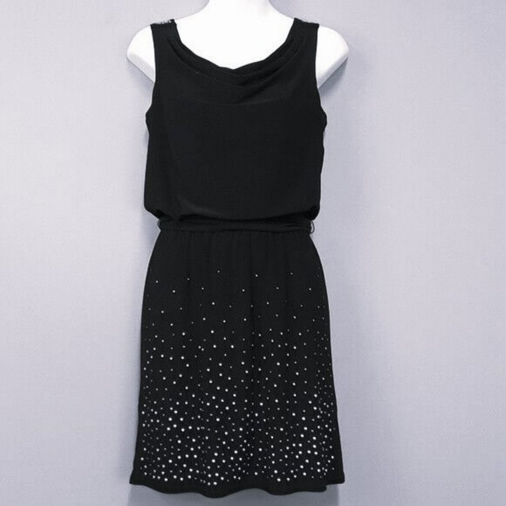 White House Black Market embellished black cocktail dress (L) silver beading